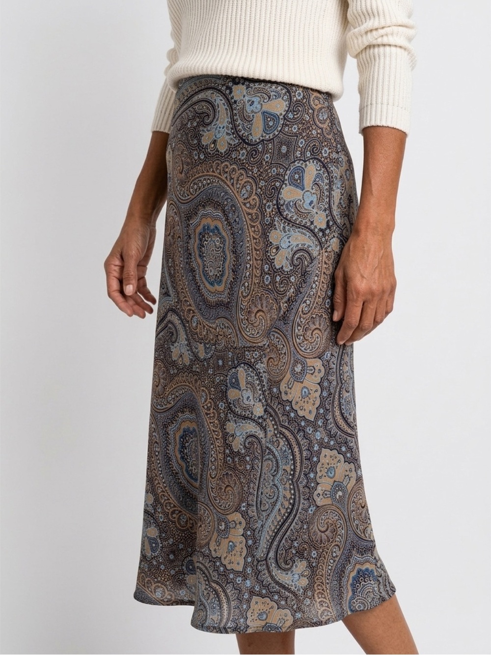 East 5th Blue and Brown Paisley Satin Midi Skirt